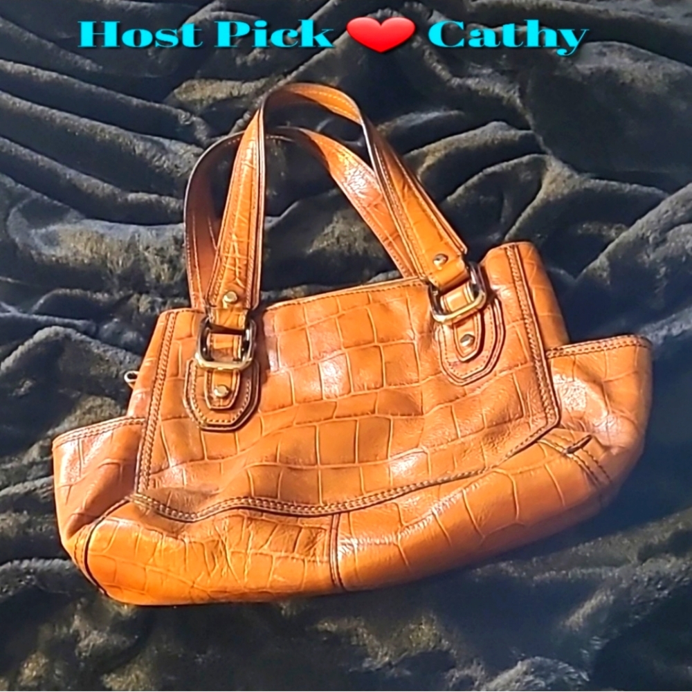 WAS $250  FOSSIL Croc Embossed Leather Shoulder Bag Purse 12" x 8" - Brown